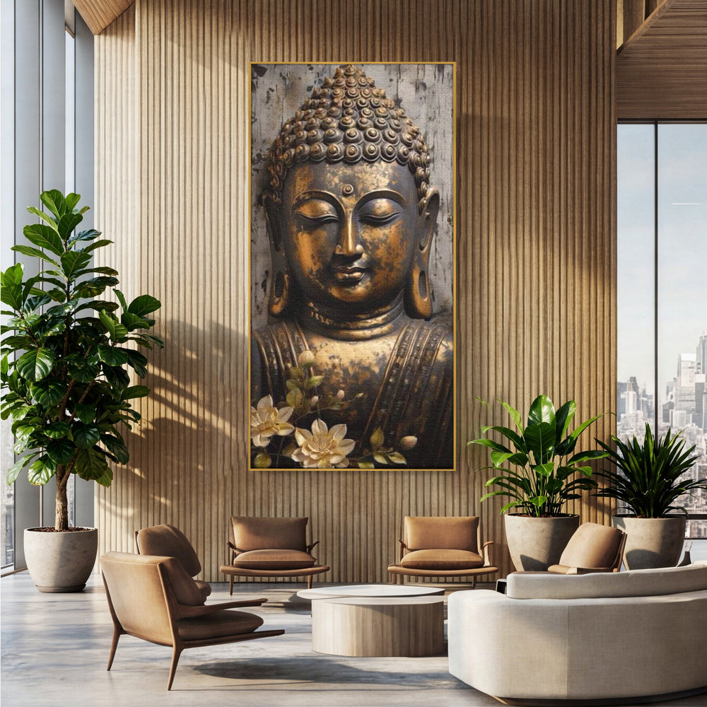 Tablou canvas cu tablou canvas cu capul lui buddha, in rama de aluminiu auriu, pe perete intr-un birou